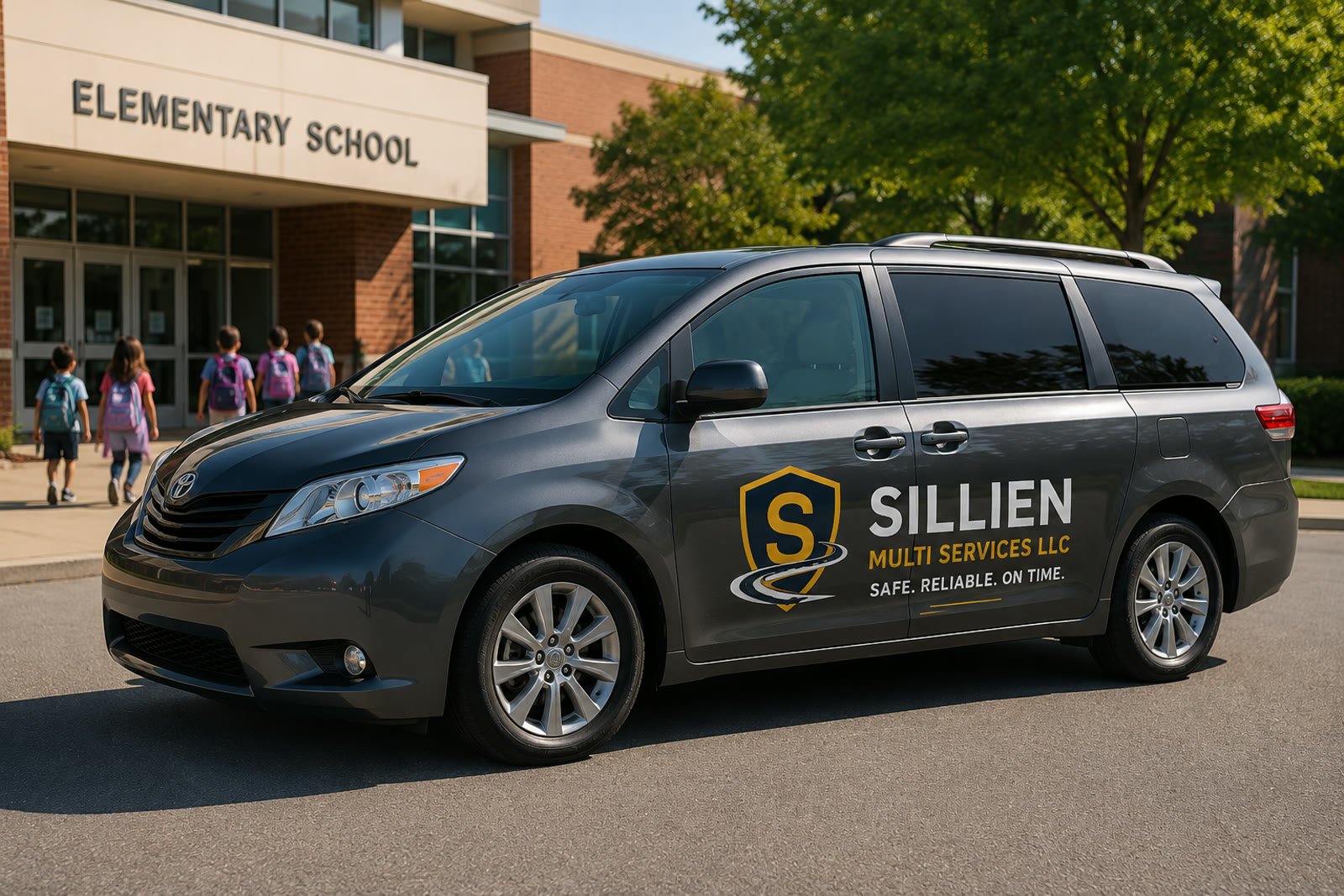Sillien Multi Services vehicle in front of a school