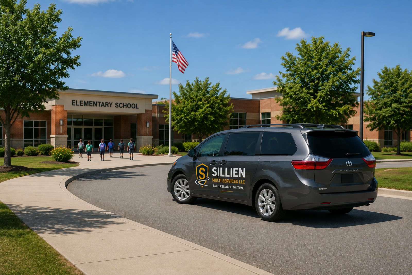Sillien Multi Services van arriving at an elementary school