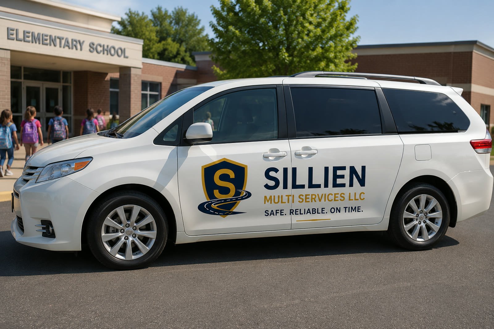 Sillien Multi Services van picking up students at an elementary school